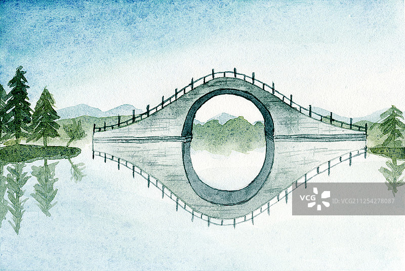 水彩手绘一座石拱桥倒映在水面上中国风插画图片素材