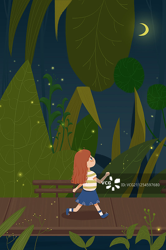 夜晚散步的精灵女孩 有绿植和萤火虫的夜晚二十四节气处暑插画图片素材