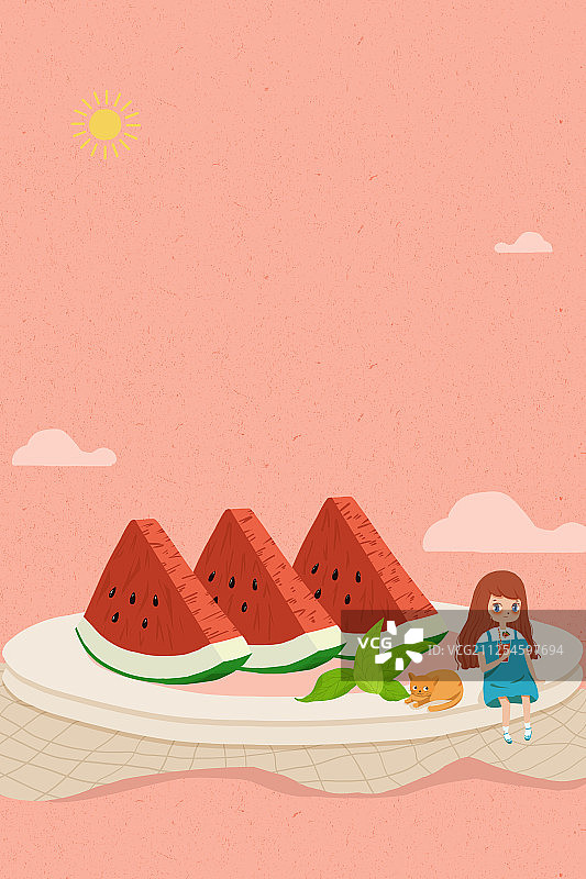在西瓜旁边喝西瓜汁的女孩 切好的西瓜在盘子里二十四节气小暑插图片素材