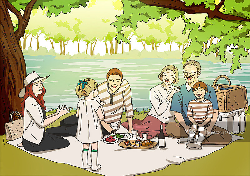 欢乐的家庭在野餐的卡通插图图片素材