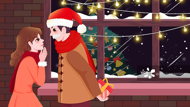 浪漫圣诞节情侣惊喜送礼物插画图片素材