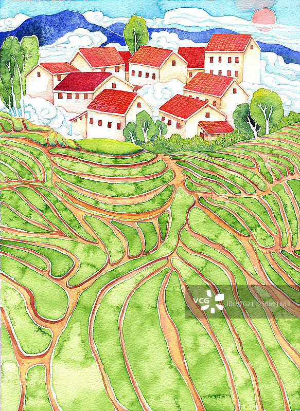 唯美水彩手绘插画-美丽乡村，梯田和房子图片素材