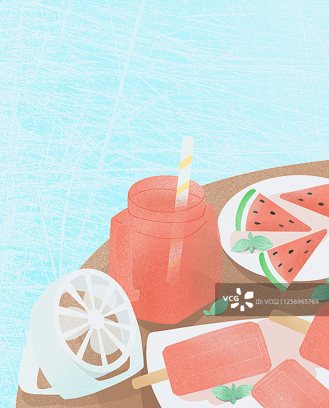 吃西瓜、喝冰镇饮料、吹风扇的夏日图片素材