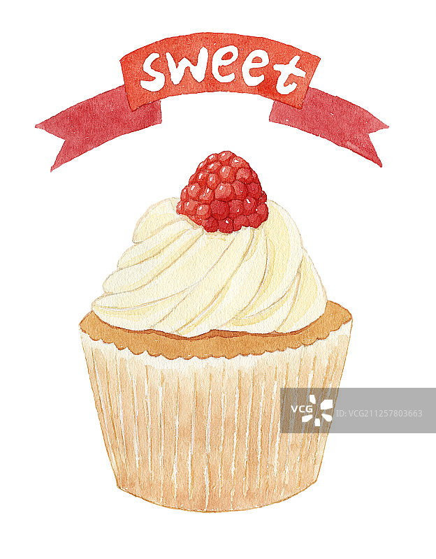 装饰了一个小树莓的茶杯蛋糕 水彩手绘插画图片素材