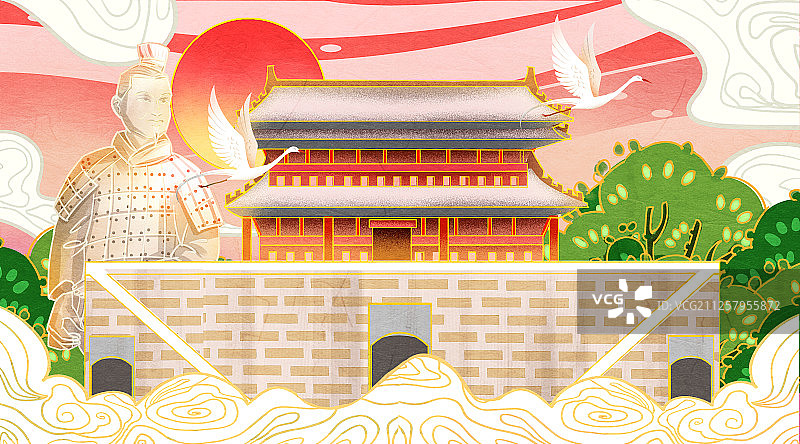 国潮风西安城墙和秦始皇兵马俑插画图片素材