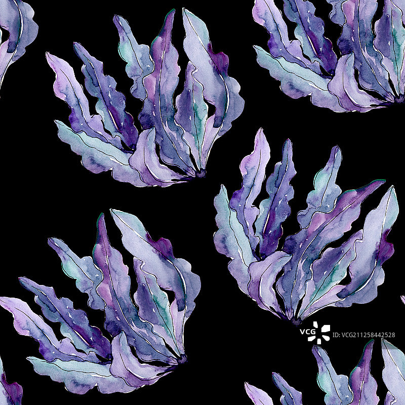 紫罗兰水生水下自然珊瑚礁。水彩插图集。无缝的背景图案。图片素材