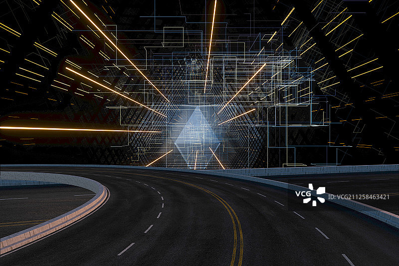 沥青道路路面与科幻隧道背景 三维渲染图片素材