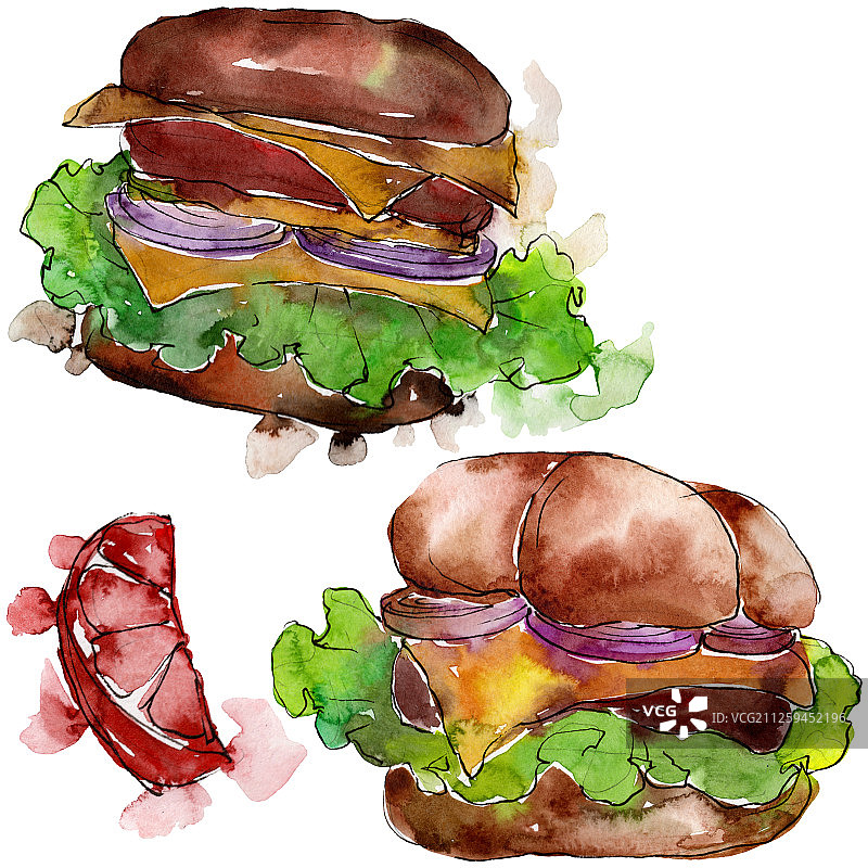 汉堡快餐孤立。水彩背景插图集。孤立的零食插图元素。图片素材
