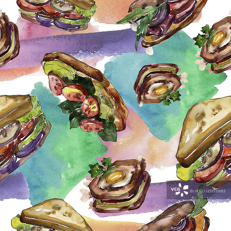 水彩风格的三明治。水彩快餐插画元素。无缝的背景图案。图片素材