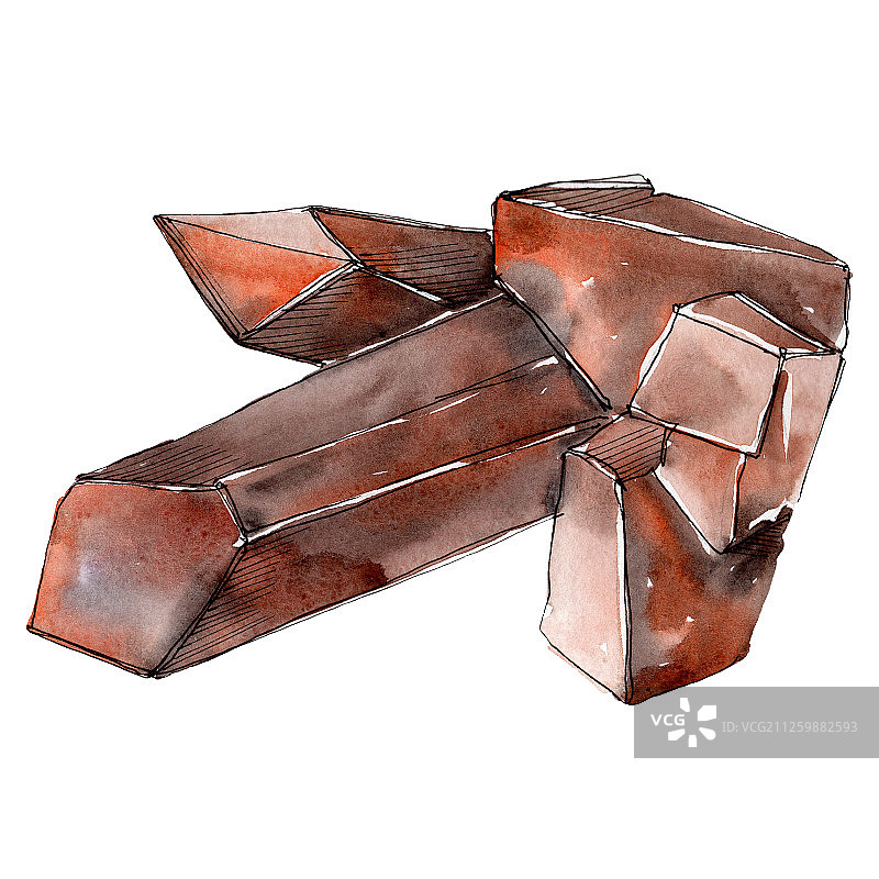 棕色钻石岩珠宝矿物。水彩背景插图集。孤立的水晶插图元素。图片素材