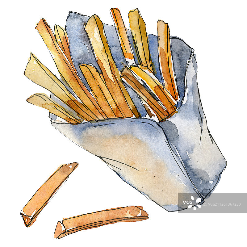 快餐薯条在一套水彩画风格。水彩画食物插图为背景。孤立的土豆元素。图片素材