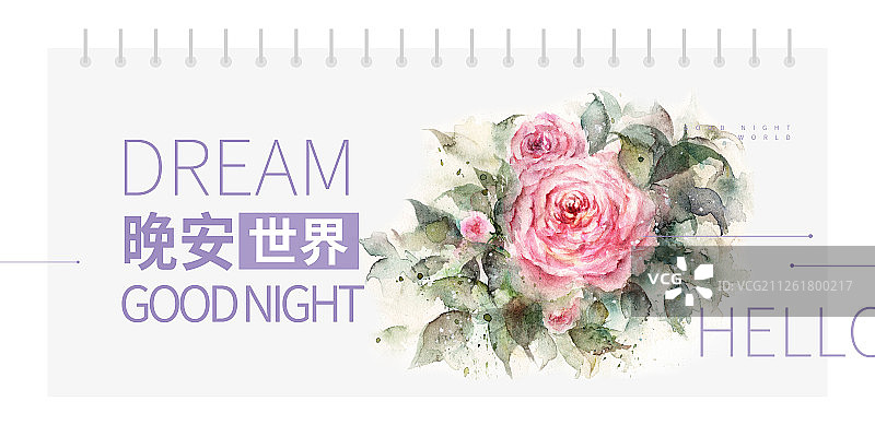 清新水彩绽放的花卉粉色蔷薇晚安世界问候good night海报展板图片素材