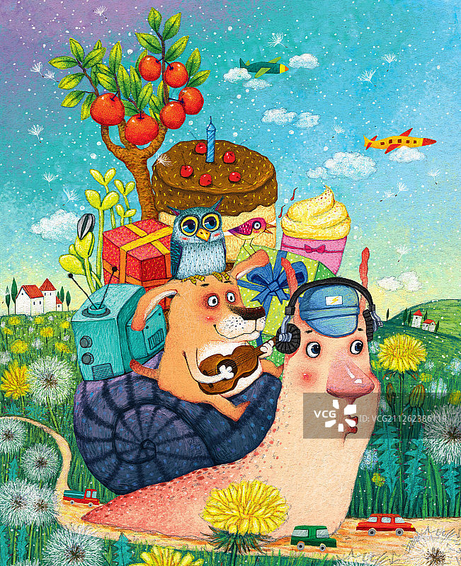 儿童动物插画-驮着动物和礼物的蜗牛图片素材