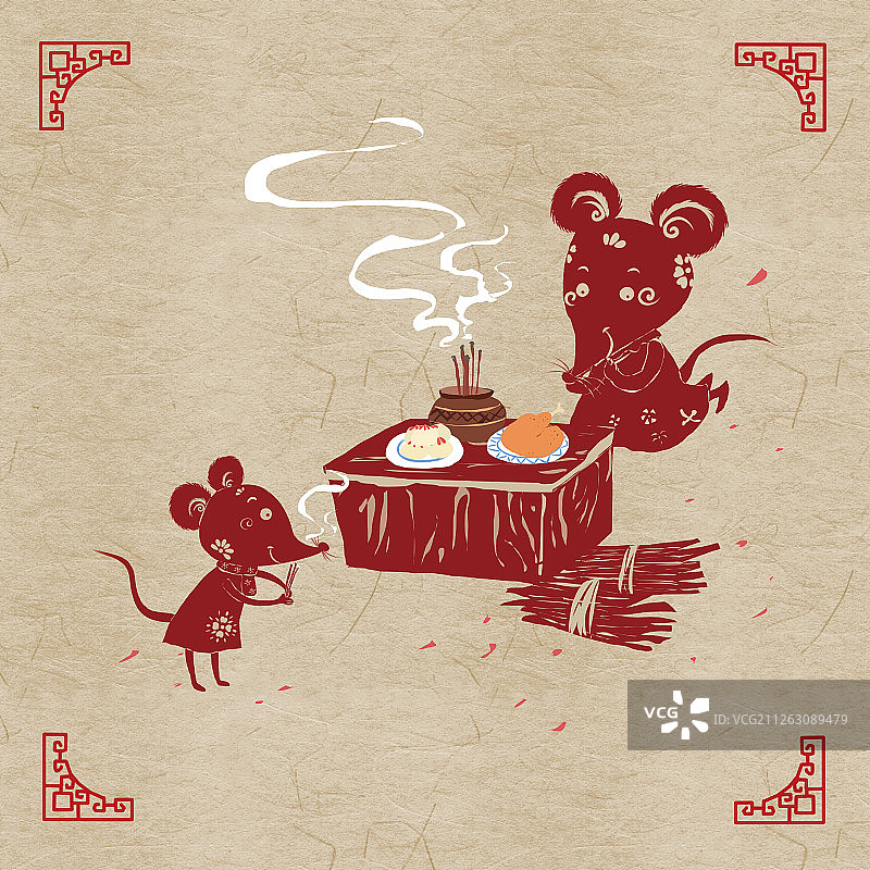 中国风剪纸风2020鼠年春节年俗系列-腊月二十三拜灶神图片素材