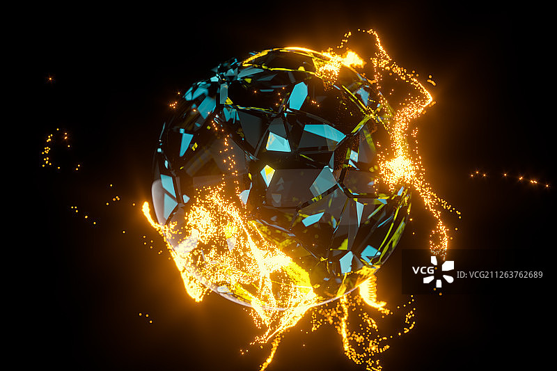 虚拟星球与发光燃烧的粒子 三维渲染图片素材
