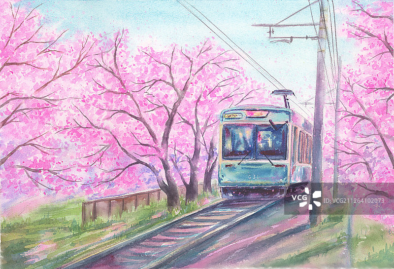 水彩樱花列车装饰画壁纸背景海报图片素材