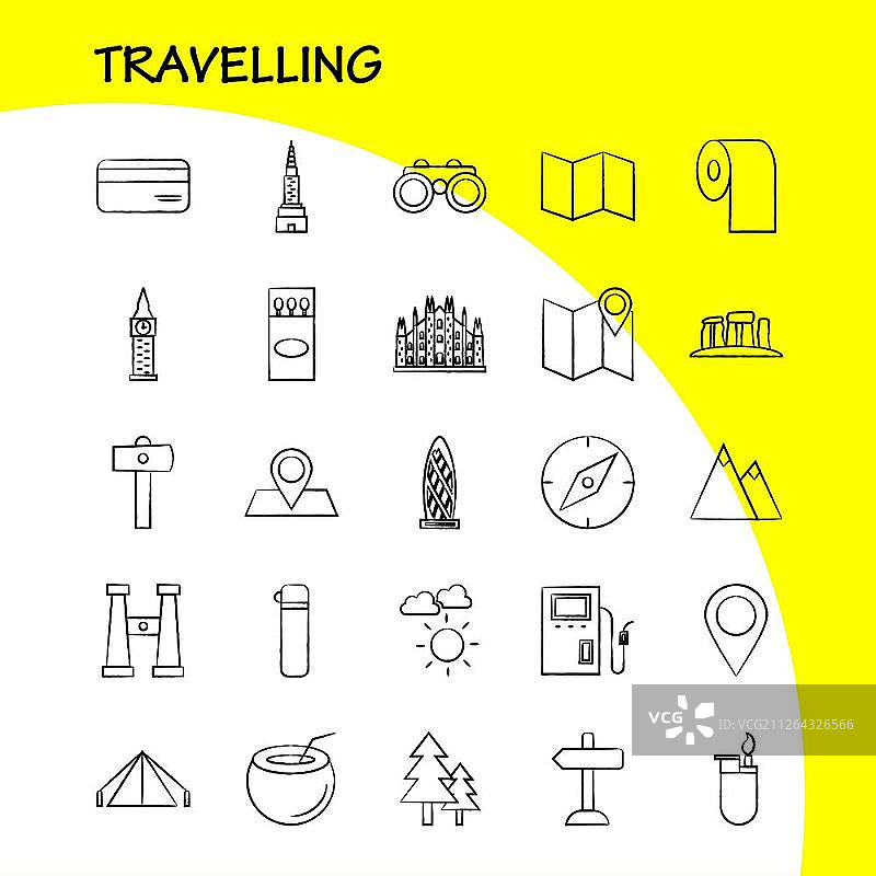 旅行手画图标设置信息图，移动UX/UI工具包和打印设计。包括:方向板，板，方向，交通板，菜，食物，Eps 10向量图片素材
