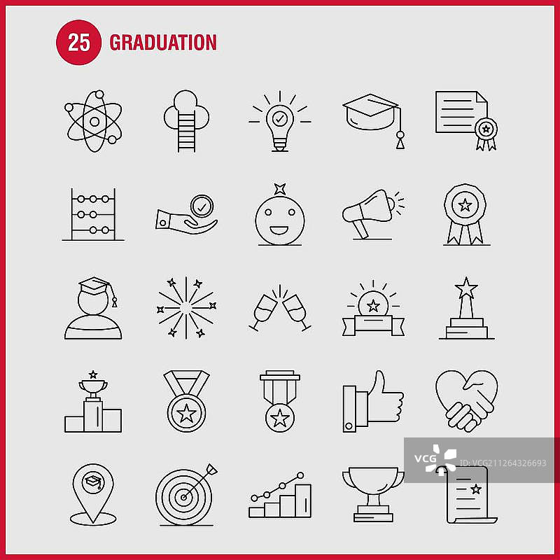 毕业线图标设置信息图，移动UX/UI工具包和打印设计。包括:玻璃，饮料，医疗保健，毕业，地图，位置，奖章，奖励，图标集-向量图片素材