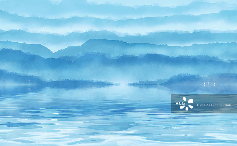 中国风烟雨朦胧山水湖泊风光，春天的水墨插画背景图片素材