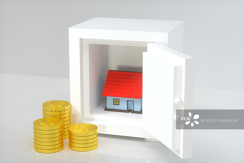 保险箱内的房屋模型与金币 三维渲染图片素材