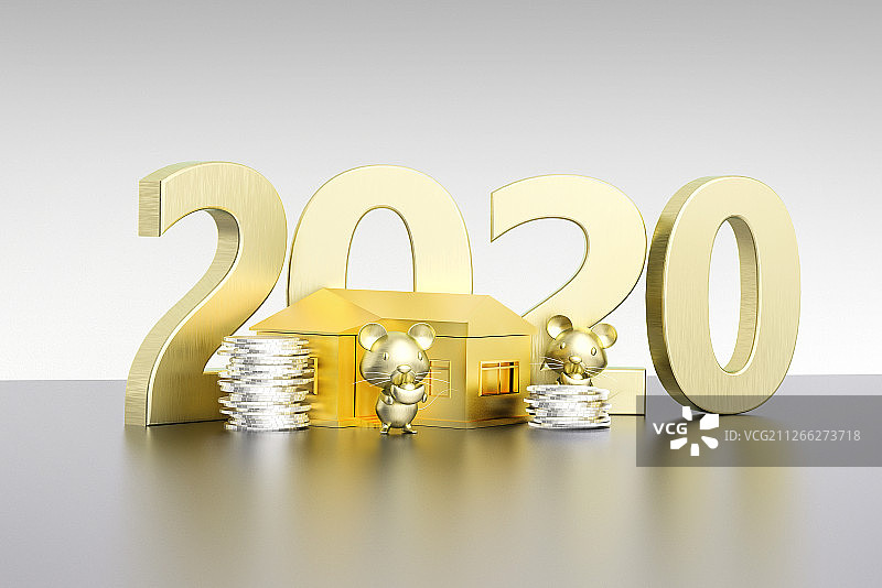 金融类3D场景 2020与钱币、老鼠和房屋图片素材