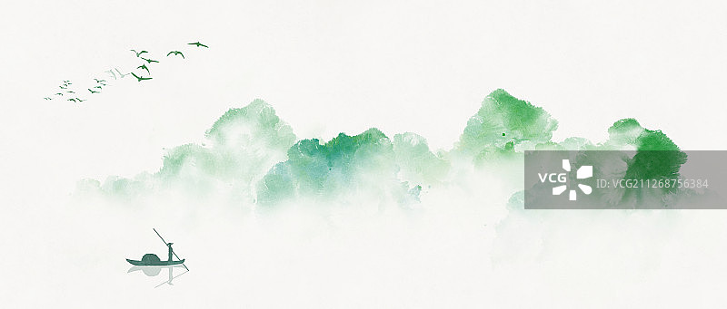 绿色山水画横版图片素材
