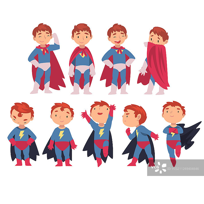 超级英雄的孩子在不同的情况下的角色图片素材