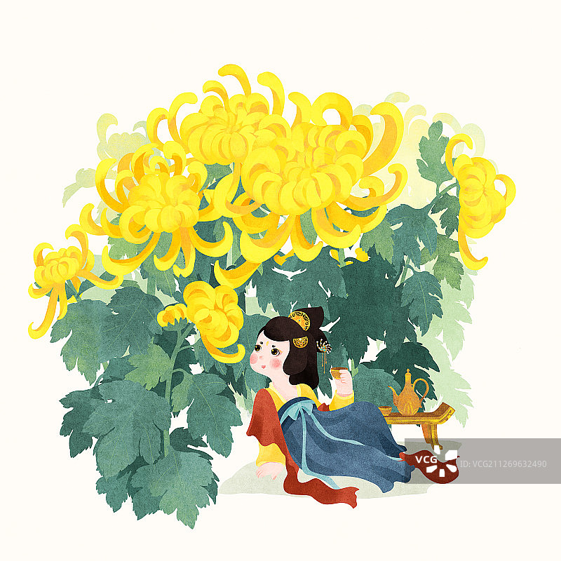 节气秋分在菊花从中饮酒赏菊的唐朝美人图片素材