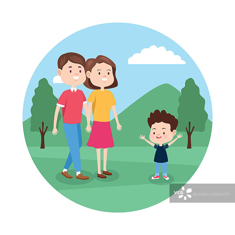 卡通幸福家庭和小孩在公园图片素材