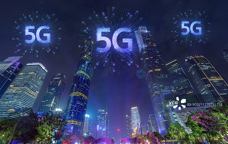 5G信号网速新科技快速传输数据广州夜景城市建筑经济商务中心图片素材