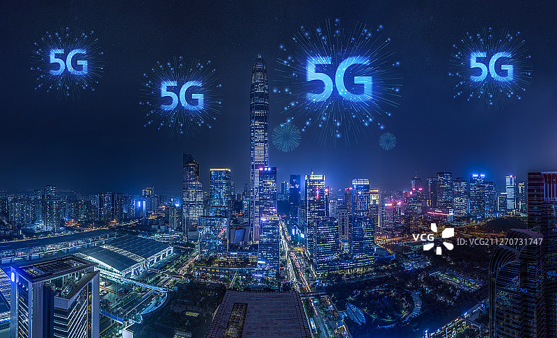 5G信号网速新科技快速传输数据深圳夜景城市建筑经济商务中心图片素材