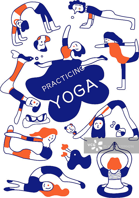 矢量扁平人物动作男人女人瑜伽健身集合蓝色橙色图片素材
