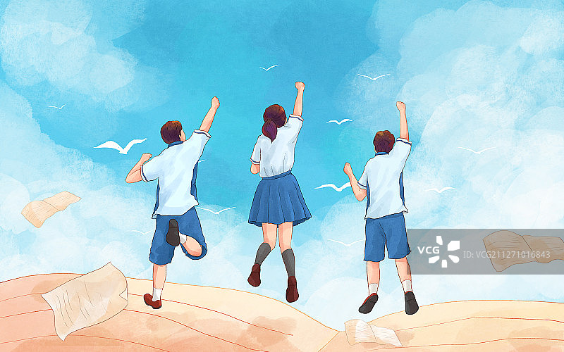 跳跃欢呼的学生高考插画蓝天横版图片素材