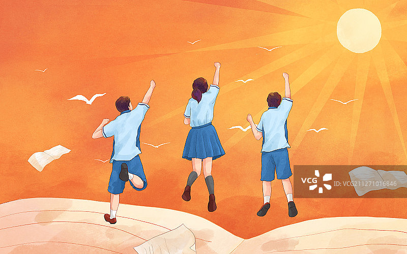 跳跃欢呼的学生高考插画横版2图片素材