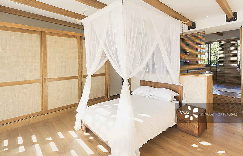 在现代，豪华的家庭室内卧室的顶棚床上的白色纱帘图片素材