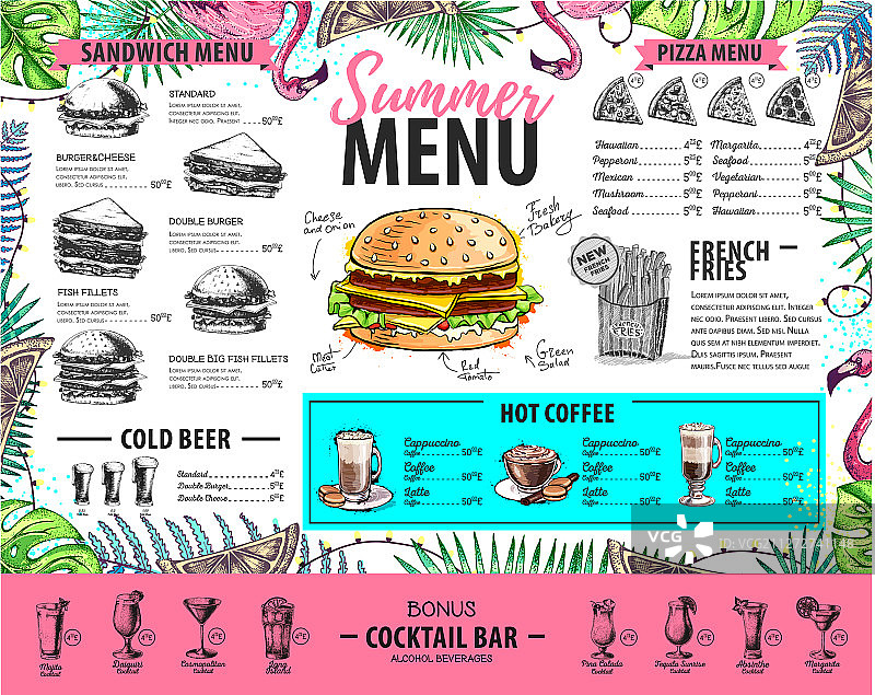 手绘夏季菜单设计与火烈鸟图片素材