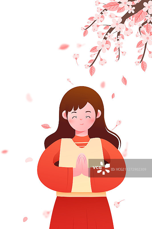 祈祷祈福少女祝福樱花背景矢量插画图片素材