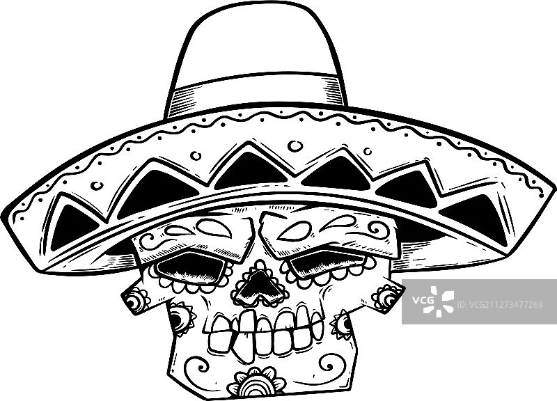 墨西哥糖头骨在宽边帽孤立在白色图片素材