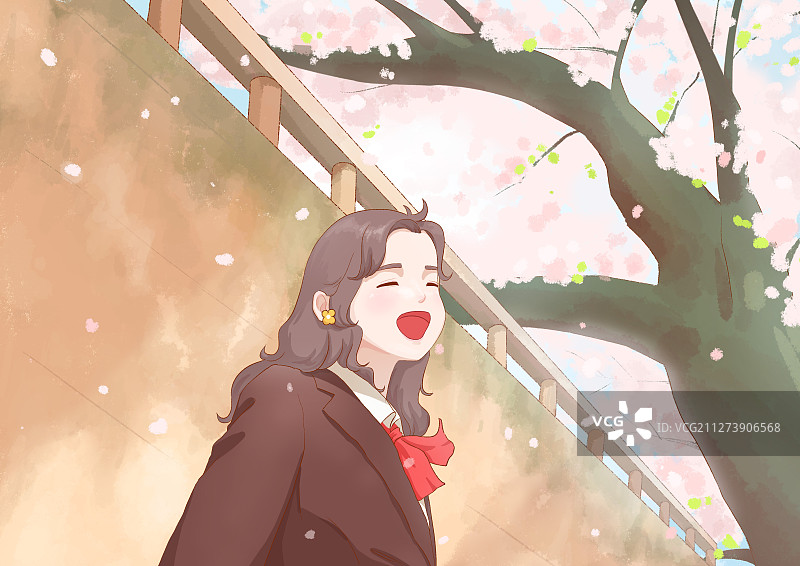 樱花树下的女学生插画图片素材