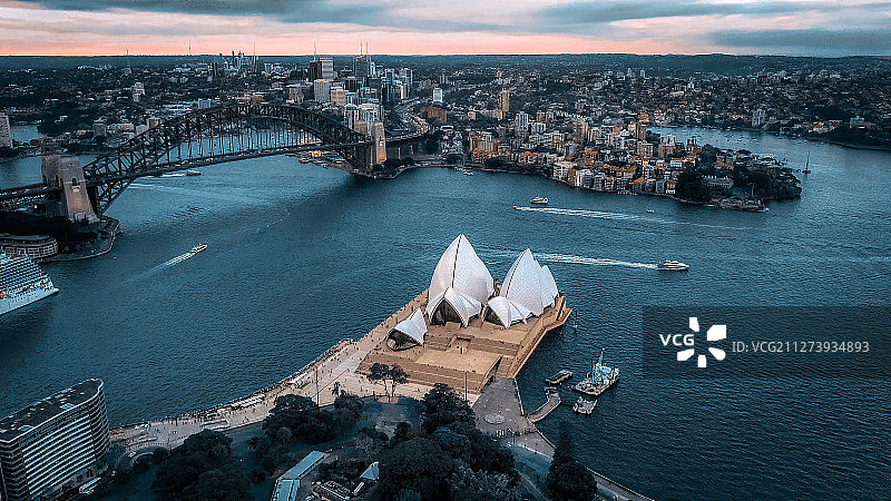 悉尼歌剧院海港大桥城市日落旅行航拍图片素材
