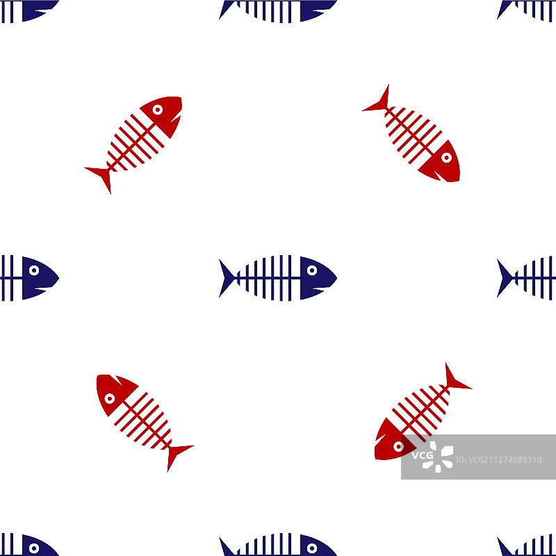 蓝色和红色的鱼骨架图标隔离无缝图片素材