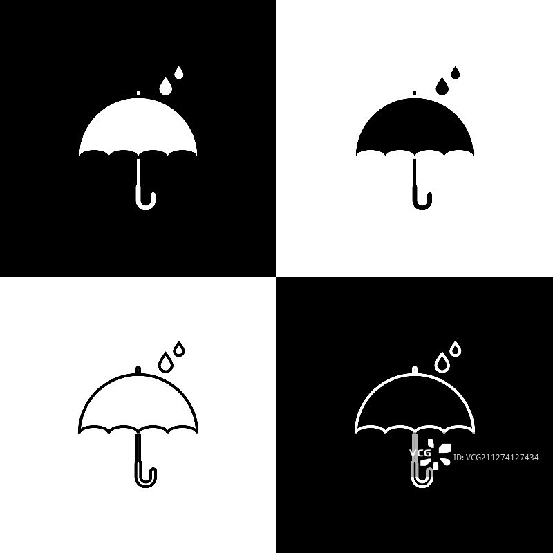 设置伞和雨滴图标孤立在黑色图片素材