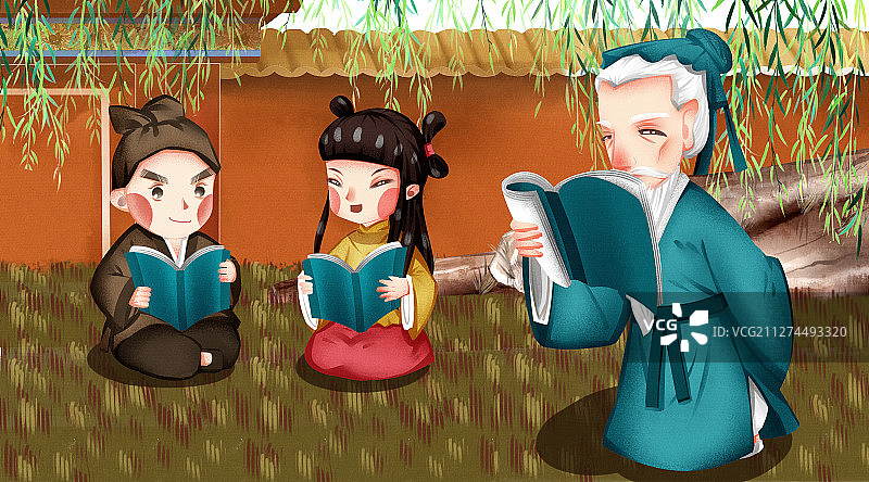 中国风孩童学习国学插画图片素材