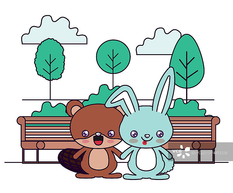 卡哇伊海狸和兔子卡通设计图片素材