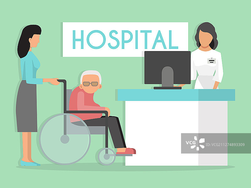 在医院接待处坐轮椅的老人图片素材