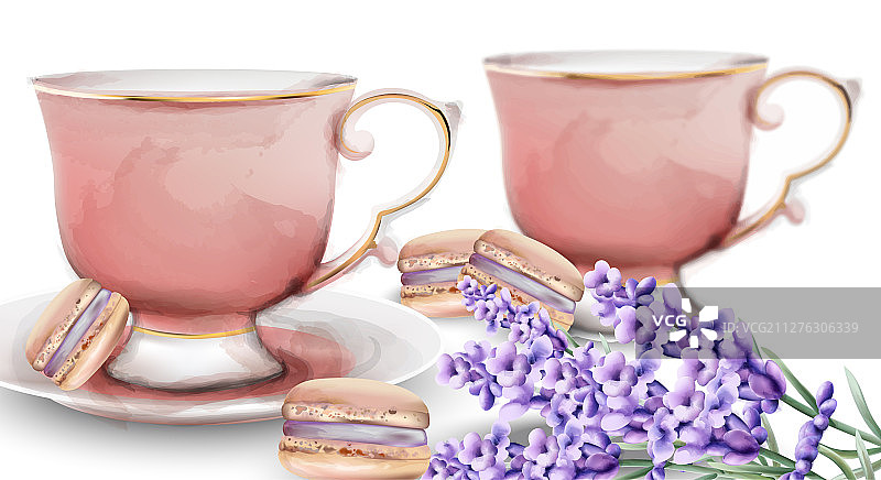 粉色水彩茶杯配杏仁糖图片素材