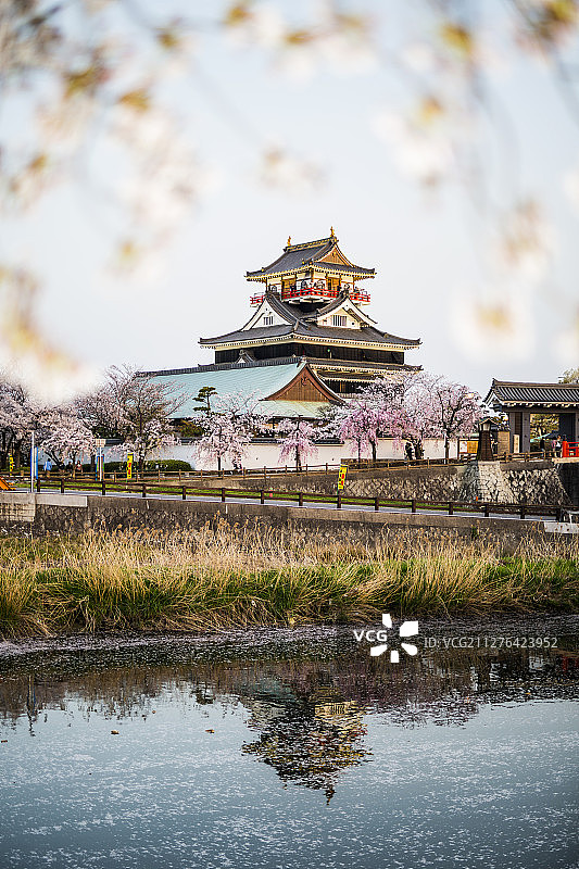 樱花城堡盛开季节河流传统旅行反射倒影图片素材