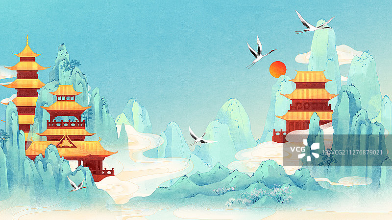 云雾缭绕的青山宫殿与白鹤红日国风插画图片素材