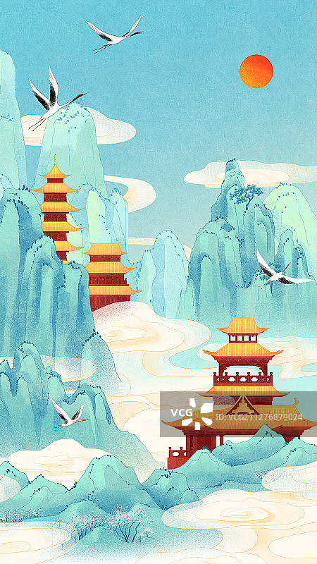 云雾缭绕的青山宫殿与白鹤红日国风插画图片素材