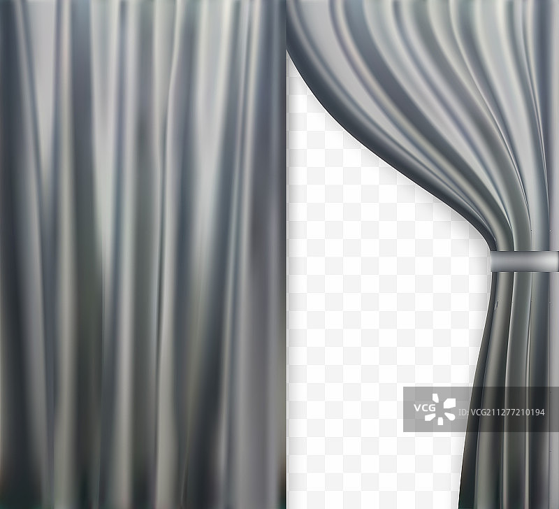 窗帘的自然意象，打开的窗帘灰色的透明背景。矢量插图。EPS10。窗帘的自然意象，打开的窗帘灰色的透明背景。矢量插图。图片素材